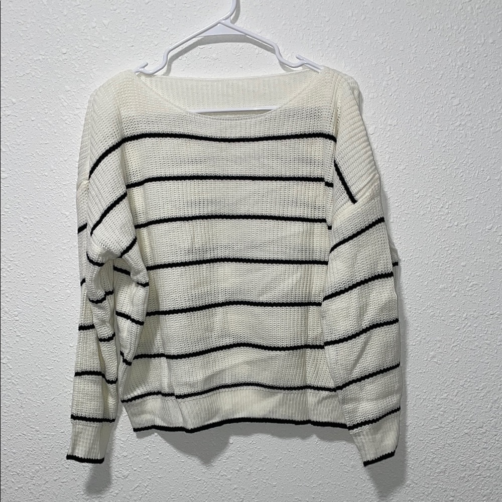 White and Black Crew Neck Striped Sweater